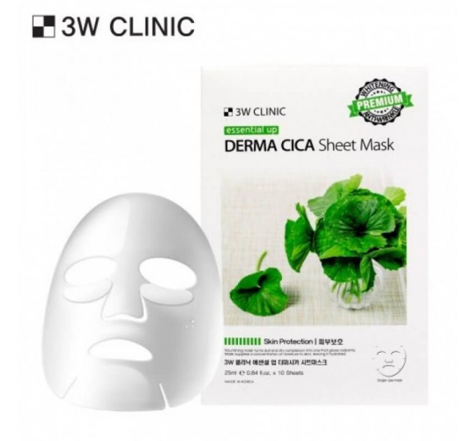 3W Clinic Тканевая маска для лица с азиатской центеллой Essential Up Derma Cica Sheet Mask