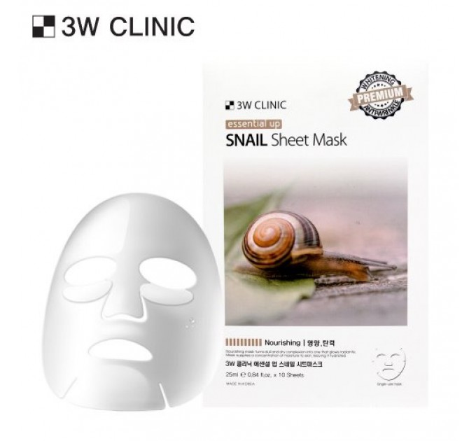 3W Clinic Тканевая маска для лица с улиточным муцином Essential Up Snail Sheet Mask